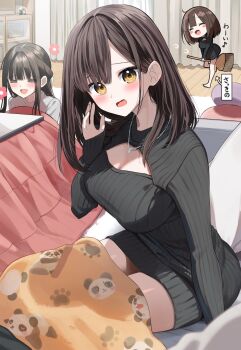 2girls :d black_sweater blush breasts broom broom_riding brown_eyes brown_hair cleavage cleavage_cutout closed_eyes clothing_cutout commentary_request couch curtains highres holding holding_broom indoors kotatsu large_breasts long_hair long_sleeves looking_at_viewer medium_hair multiple_girls on_couch open_mouth original pentagon_(railgun_ky1206) ribbed_sweater sitting sleeves_past_wrists smile sweater table translation_request under_kotatsu under_table