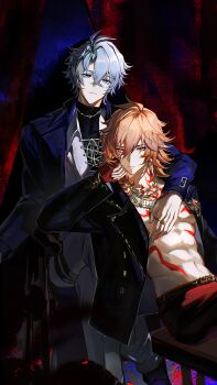 Rule 34 | 2boys, abs, absurdres, antenna hair, arm around shoulder, belt, black belt, black choker, black shirt, blonde hair, blue coat, blue eyes, braid, chest tattoo, chinese commentary, choker, coat, commentary request, earrings, facial tattoo, fingerless gloves, gloves, gold earrings, gold necklace, gradient hair, highres, honkai: star rail, honkai (series), jewelry, male focus, medium hair, multicolored hair, multiple boys, mydei (honkai: star rail), mydei (nylon japan) (honkai: star rail), necklace, open clothes, open shirt, pants, parted bangs, phainon (honkai: star rail), phainon (nylon japan) (honkai: star rail), qiaose33912, red gloves, red hair, red pants, red tattoo, shirt, short hair, side braid, tattoo, toned, toned male, turtleneck, turtleneck shirt, white hair, white pants, white shirt, yellow eyes