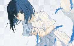 Rule 34 | 1girl, black eyes, black hair, blue background, blue feathers, bob cut, checkered background, closed mouth, commentary, dress, expressionless, falling feathers, fate/grand order, fate (series), feathers, gradient background, highres, kuonji alice, leaning to the side, light frown, looking at viewer, mahou tsukai no yoru, reaching, reaching towards viewer, short hair, short sleeves, simple background, solo, tamago (tamago999q), white background, white dress