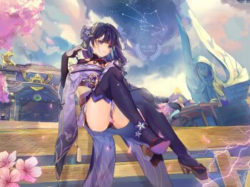 1girl architecture armor artist_name ass ass_focus blue_pupils blunt_bangs braid breasts bridal_gauntlets cherry_blossoms cleavage closed_mouth clothing_cutout cloud cloudy_sky commentary constellation day east_asian_architecture electricity falling_petals fan_hair_ornament flower full_body genshin_impact glint glowing gluteal_fold gradient_hair hair_ornament hair_ribbon head_tilt highres japanese_clothes kimono knees_up large_breasts leaning_back light_smile lingerie long_braid looking_at_viewer mole mole_under_eye multicolored_eyes multicolored_hair neck_ribbon outdoors petals pink_petals purple_eyes purple_hair purple_kimono purple_thighhighs raiden_shogun red_ribbon red_sash ribbon sash shoulder_cutout single_braid sitting sky solo space star_(sky) starry_sky statue statue_of_the_seven thighhighs underwear wings wooden_floor yangyii1606_(user_mazh5327)