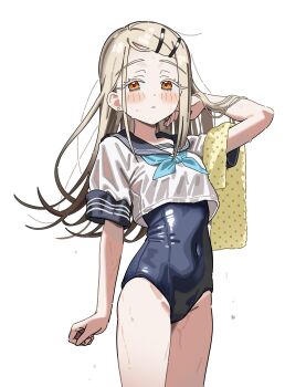 Rule 34 | 1girl, gakuen idolmaster, idolmaster, long hair, multiple hair clips, one-piece swimsuit, rudee62421, school uniform, serafuku, shinosawa hiro, solo, standing, swimsuit, towel, wet, white background