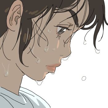 1girl brown_eyes brown_hair close-up commentary dkswodbs96 dripping highres light_frown lips looking_down messy_hair original profile shirt simple_background solo symbol-only_commentary wet wet_hair white_background white_shirt