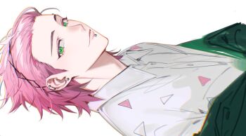 1boy adam&#039;s_apple collared_shirt commentary ear_piercing face_piercing forehead green_eyes hair_slicked_back kaohom503_2 kiryuu_mitsuki labret_piercing lips looking_at_viewer male_focus piercing pink_hair shirt short_hair sideways solo upper_body wind_breaker_(nii_satoru)