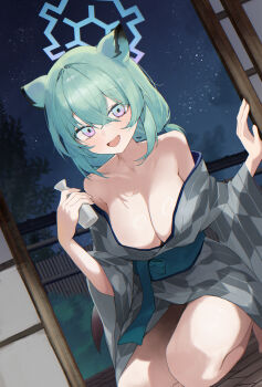 1girl absurdres bare_shoulders blue_archive blue_halo bottle breasts cleavage commentary_request green_hair grey_kimono hair_between_eyes halo highres holding holding_bottle japanese_clothes kimono kumari2311 large_breasts looking_at_viewer night official_alternate_costume open_mouth shigure_(blue_archive) shigure_(hot_spring)_(blue_archive) sitting sky smile solo