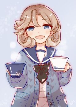 1girl ane_hoshimaru blonde_hair blue_background blue_eyes blue_sailor_collar cup dress highres janus_(kancolle) kantai_collection looking_at_viewer open_mouth sailor_collar sailor_dress short_hair short_sleeves teacup upper_body white_dress