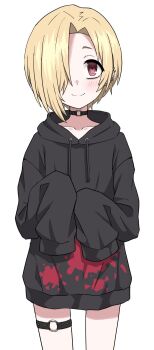 1girl black_hoodie blonde_hair blush bottomless child closed_mouth commentary cowboy_shot drawstring earrings hair_over_one_eye halulu highres hood hoodie idolmaster idolmaster_cinderella_girls jewelry looking_at_viewer o-ring o-ring_thigh_strap one_eye_covered red_eyes shirasaka_koume short_hair simple_background sleeves_past_fingers sleeves_past_wrists smile solo straight-on symbol-only_commentary tareme thigh_strap white_background