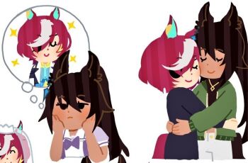 2girls animal_ears astronghouse cheek-to-cheek closed_eyes commentary dark-skinned_female dark_skin eyepatch hands_on_own_cheeks hands_on_own_face heads_together horse_ears horse_girl horse_tail hug image_in_thought_bubble irasutoya korean_commentary long_hair mifune_takashi_(style) multicolored_hair multiple_girls mutual_hug parody purple_shirt red_hair school_uniform shirt short_hair smile sparkle streaked_hair style_parody summer_uniform symboli_kris_s_(umamusume) tail tanino_gimlet_(umamusume) tracen_school_uniform u_u umamusume white_hair yuri