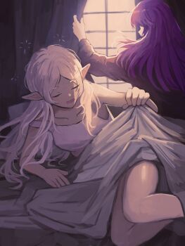 Rule 34 | 2girls, absurdres, black robe, blanket, breasts, closed eyes, collarbone, commentary, curtains, day, elf, english commentary, fern (sousou no frieren), frieren, highres, holding, holding blanket, illustsushi, indoors, long hair, morning, multiple girls, on bed, open mouth, opening curtains, parted bangs, pointy ears, purple hair, robe, sleepy, sousou no frieren, straight hair, thighs, under covers, very long hair, waking up, wavy mouth, white hair, window