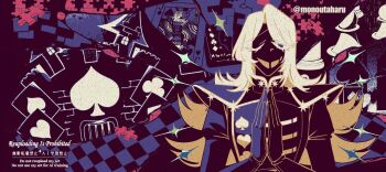 Rule 34 | 1boy, blue eyes, card, club (shape), commentary request, deltarune, male focus, one eye closed, own hands together, playing card, puzzle piece, rouxls kaard, smile, solo, spade (shape), taharu (papiyas), thumbnail collage, twitter username, utdr (toby fox), watermark, white hair