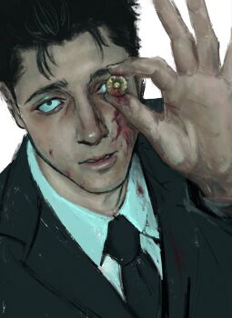 Rule 34 | 1boy, absurdres, black hair, black jacket, black necktie, black suit, blood, blood on face, collared shirt, commentary, formal clothes, highres, higuruma hiromi, holding, jacket, jujutsu kaisen, k05062688, lips, looking at viewer, male focus, necktie, nose, parted lips, realistic, shirt, short hair, simple background, solo, suit, teeth, untranslatable commentary, white background, white shirt