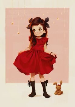 1girl 2024 20s alkemanubis black_bow black_ribbon black_socks blush blush_stickers bow bow_legwear bracelet brown_eyes brown_hair christmas clothes_lift dress dress_lift hair_ribbon jewelry kneehighs long_hair looking_to_the_side original pink_background red_dress ribbon sleeveless sleeveless_dress smile socks sparkle standing star_(symbol) stuffed_animal stuffed_rabbit stuffed_toy