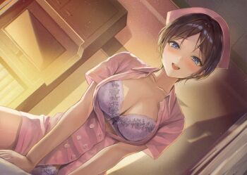 Rule 34 | 1girl, blue eyes, blush, bow, bow bra, bra, breasts, brown hair, buttons, cleavage, come hither, commentary request, dutch angle, film grain, hat, highres, indoors, large breasts, lingerie, nurse, open mouth, original, panties, parted bangs, partially unbuttoned, pink hat, purple bra, purple panties, raised inner eyebrows, sakamuke, short hair, short sleeves, smile, solo, underwear