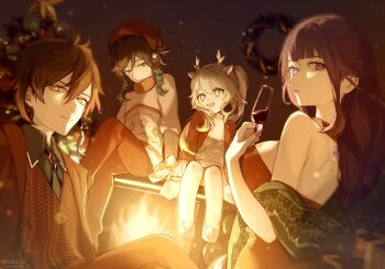 2boys 2girls absurdres alternate_costume back blunt_bangs brown_eyes brown_hair christmas christmas_tree commentary crossed_legs cup dress drinking_glass fire formal_clothes from_behind from_side fruct0se_fa genshin_impact glowing green_eyes green_hair grey_hair hair_between_eyes happy highres holding indoors long_hair long_sleeves looking_at_another looking_at_viewer looking_down looking_to_the_side looking_up multiple_boys multiple_girls nahida_(genshin_impact) open_mouth purple_eyes purple_hair raiden_shogun red_dress shade short_hair side_ponytail sitting smile suit sweater tree venti_(genshin_impact) wine_glass zhongli_(genshin_impact)