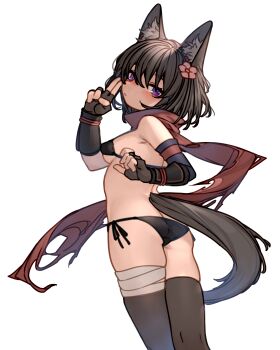 absurdres animal_ear_fluff animal_ears armor bandages bare_shoulders bikini brown_hair commission fingerless_gloves flower_hairpin gloves highres illusive_domain japanese_armor kiriko_(illusive_domain) kochiya_(gothope) kote scarf second-party_source side-tie_bikini_bottom skeb_commission swimsuit tail transparent_background variant_set wolf_ears wolf_girl wolf_tail