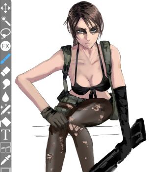 1girl bare_shoulders black_bra black_gloves black_pantyhose bra breasts breasts_apart brown_hair closed_mouth collarbone commentary elbow_gloves english_commentary feet_out_of_frame gloves green_eyes gun hand_on_own_knee henoopd holding holding_gun holding_weapon long_hair looking_at_viewer medium_breasts metal_gear_(series) metal_gear_solid_v:_the_phantom_pain midriff pantyhose quiet_(metal_gear) simple_background single_elbow_glove sitting solo torn_clothes torn_pantyhose underwear user_interface weapon white_background