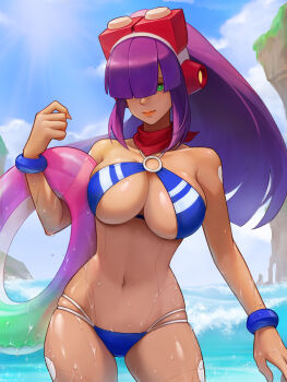 1girl absurdres android bikini blunt_bangs breasts dark-skinned_female dark_skin green_eyes hair_over_eyes highres hime_cut innertube large_breasts layer_(mega_man) long_hair looking_at_viewer mega_man_(series) mega_man_x_(series) nao_(gatita) ocean official_alternate_costume outdoors purple_hair red_scarf robot_ears scarf sky smile solo swim_ring swimsuit water