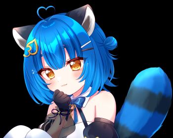 Rule 34 | 1girl, :3, animal ears, artist name, bare shoulders, black gloves, blue bow, blue hair, blush, bow, chromashift, closed mouth, detached collar, eyelashes, fang, gloves, hair bun, hair ornament, hairclip, highres, key, leaf hair ornament, musical note, poko rakun, raccoon ears, raccoon girl, raccoon tail, ribbon, second-party source, see-through clothes, see-through sleeves, short hair, simple background, single side bun, smile, solo, sparkle, spoken musical note, tail, tama dot, transparent background, virtual youtuber, wrist ribbon, yellow eyes