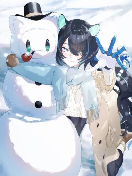 1girl absurdres animal_ears black_hair black_pants blue_bow blue_eyes blue_hair blue_scarf boots bow brown_shoes cable_knit coat commentary commission erina_makina fueppu gloves hair_over_one_eye hat highres kneeling long_hair looking_at_viewer mechanical_arms multicolored_hair outdoors outstretched_arm outstretched_hand pants phase_connect scarf shared_clothes shared_scarf shoes single_glove skeb_commission smile smoking_pipe snowing snowman socks solo streaked_hair striped_clothes striped_socks sweater tail tail_ornament tiger_ears tiger_girl tiger_tail top_hat two-tone_hair vertical-striped_clothes vertical-striped_socks virtual_youtuber white_socks white_sweater winter_clothes winter_coat