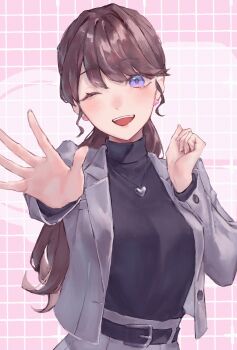 1girl ;d arm_up black_sweater breasts brown_hair clenched_hand commentary earrings fujishima_megumi fujishima_megumi_(post-graduation) grey_jacket grey_skirt grid_background hand_up heart heart_earrings heart_necklace hellomegu! highres jacket jewelry large_breasts link!_like!_love_live! long_hair long_sleeves looking_at_viewer love_live! necklace official_alternate_costume one_eye_closed open_clothes open_hand open_jacket open_mouth pink_background pleated_skirt ponytail purple_eyes saidamoosu skirt smile solo suit_jacket sweater teeth turtleneck turtleneck_sweater upper_body upper_teeth_only virtual_youtuber