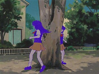 2girls animated animated_gif brown_skirt closed_mouth collared_shirt colored_skin dual_persona fence long_hair mari_(headspace)_(omori) mari_(omori) multiple_girls neckerchief omori outdoors purple_eyes purple_hair purple_shoes purple_sweater_vest red_neckerchief running sapgoon shirt shoes short_sleeves skirt socks sweater_vest tree white_shirt white_skin white_socks