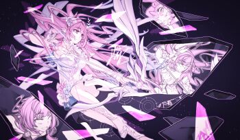 1girl arrow_(projectile) bow_(weapon) breasts commentary commentary_request company_connection crystal_shards cyrene_(aedes_elysiae)_(honkai:_star_rail) cyrene_(honkai:_star_rail) cyrene_(ripples_of_past_reverie)_(honkai:_star_rail) diamond-shaped_pupils diamond_(shape) dress elysia_(herrscher_of_human:_ego)_(honkai_impact) elysia_(honkai_impact) english_commentary garchop99 halo high_heels highres holding holding_arrow holding_bow_(weapon) holding_weapon honkai:_star_rail honkai_(series) honkai_impact_3rd inoue_marina korean_commentary large_breasts long_hair mem_(honkai:_star_rail) mixed-language_commentary pink_hair pointy_ears purple_eyes sky smile star_(sky) starry_sky symbol-shaped_pupils thighs very_long_hair voice_actor_connection weapon white_dress yanning