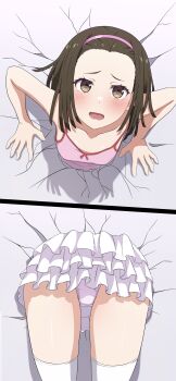 1girl ass blush breasts brown_eyes brown_hair camisole collarbone forehead frilled_skirt frills glory_wall hairband layered_skirt loli looking_at_viewer lower_teeth_only medium_hair monogatari_(series) multiple_views na-suke open_mouth panties pink_camisole pink_hairband pink_panties sengoku_nadeko short_hair skirt small_breasts stuck teeth thighhighs thighs through_wall underwear white_panties white_skirt white_thighhighs