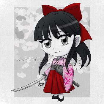 1girl artist_name black_hair bow breasts chibi fingerless_gloves gloves grey_eyes hair_ribbon highres japanese_clothes legs long_skirt red_bow ribbon sakura_taisen sega shinguuji_sakura skirt small_breasts smile solo sword thighs weapon