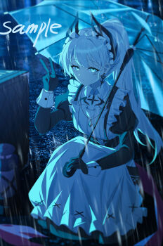 1girl absurdres alternate_costume ambience_synesthesia apron arknights black_dress black_gloves blue_eyes chinese_commentary closed_mouth commentary_request dress dusk_ming earrings enmaided gloves highres holding holding_umbrella irene_(arknights) irene_(voyage_of_feathers)_(arknights) jewelry long_hair long_sleeves looking_at_viewer maid maid_apron maid_headdress night outdoors ponytail puffy_sleeves rain scar scar_across_eye scar_on_face solo umbrella v white_hair