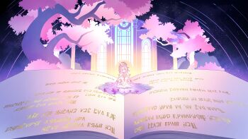 1girl absurdres bad_link book closed_eyes cyrene_(honkai:_star_rail) cyrene_(ripples_of_past_reverie)_(honkai:_star_rail) dress flower hair_flower hair_ornament highres honkai:_star_rail honkai_(series) long_hair official_art open_book sitting sky smile solo star_(sky) starry_sky tree very_long_hair