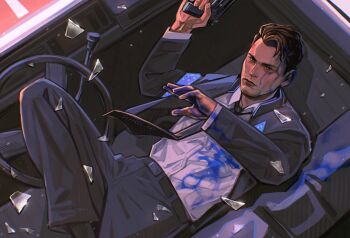 1boy absurdres black_coat black_necktie blood blood_on_clothes blood_on_face blood_on_hands blue_blood brown_hair coat collared_shirt connor_(detroit) detroit:_become_human glass_shards gun hand_up handgun highres holding holding_gun holding_weapon knee_up male_focus necktie shirt short_hair skyfree_art solo weapon white_shirt