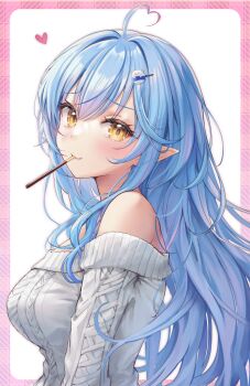 1girl ahoge bare_shoulders blue_hair border elf heart heart_ahoge highres hololive long_hair mirukurim off-shoulder_sweater off_shoulder pink_border pointy_ears simple_background solo sweater upper_body very_long_hair white_background white_sweater yellow_eyes yukihana_lamy