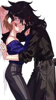 2girls animal_ears black_hair black_pants black_shirt blue_sweater brown_hair character_request commentary_request earrings fang female_trainer_(umamusume) highres horse_ears horse_girl jagaimobeniko jewelry long_hair multiple_girls necklace off-shoulder_sweater off_shoulder open_mouth pants parted_lips ring shirt short_hair simple_background smile sweater trainer_(umamusume) umamusume wedding_ring white_background wife_and_wife yuri