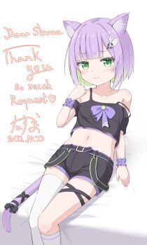 Rule 34 | 1girl, animal ear fluff, animal ears, bare shoulders, bed, belt, belt buckle, black shorts, blush, bow, buckle, cat ears, cat tail, character name, closed mouth, collarbone, colored inner hair, commission, crop top, dated, denim, denim shorts, english text, female focus, flat chest, green eyes, green hair, hair ornament, hairclip, highres, indie virtual youtuber, kneehighs, knees, looking at viewer, midriff, multicolored hair, navel, off shoulder, on bed, purple bow, purple hair, purple tail, purple wrist cuffs, short hair, short shorts, shorts, shwaa, simple background, single kneehigh, single sock, single thighhigh, sitting, skeb commission, socks, solo, stomach, strap slip, tail, tail bow, tail ornament, takasuma hiro, thigh strap, thighhighs, thighs, virtual youtuber, wavy mouth, webp-to-png conversion, white background, white socks, wrist cuffs
