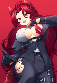 1girl absurdres belt black_belt black_gloves black_jacket black_pants breasts buttons cleavage_cutout clothing_cutout commentary_request cowboy_shot curtained_hair dola_(8th_costume)_(nijisanji) dola_(nijisanji) dragon_girl dragon_horns fangs from_below gloves half_gloves hand_up high_belt highres horn_ornament horns jacket lace-up_pants large_breasts long_hair long_sleeves looking_at_viewer looking_down necktie necktie_lift nijisanji norinki_(ringknightsaki) o-ring o-ring_thigh_strap open_mouth pants parted_hair red_background red_eyes red_hair red_horns red_necktie shirt shirt_tucked_in simple_background slit_pupils smile solo strap_pull teeth thigh_strap underboob underboob_cutout underbust undoing_own_necktie upper_teeth_only very_long_hair virtual_youtuber white_shirt