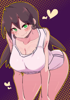 1girl absurdres bare_shoulders bent_over blush breasts brown_hair buzzlyears cleavage closed_mouth collarbone cowboy_shot fang green_eyes heart highres large_breasts long_hair mega_man_(series) mega_man_legends_(series) purple_background shirt shorts simple_background skin_fang solo tron_bonne_(mega_man) white_shirt white_shorts