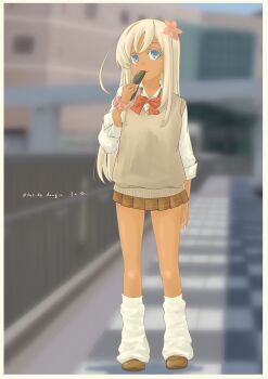 1girl absurdres alternate_costume blonde_hair blue_eyes blurry blurry_background blush border bow bowtie brown_shoes brown_skirt brown_sweater_vest cellphone collared_shirt commentary_request crossed_bangs day dress_shirt flip_phone flower full_body gyaru hair_flower hair_ornament highres holding holding_phone kantai_collection long_hair long_sleeves looking_at_viewer loose_bowtie loose_socks microskirt outdoors phone pink_flower pleated_skirt pot-de real_world_location red_bow red_bowtie ro-500_(kancolle) school_uniform scrunchie shadow shirt shoes sidelocks signature skirt smile socks solo standing sweater_vest tan twitter_username very_long_hair white_border wrist_scrunchie yokosuka