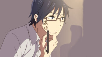 1boy black_eyes black_hair boku_dake_ga_inai_machi buttons closed_mouth collared_shirt commentary_request drawing_on_own_face expressionless fujinuma_satoru holding holding_pen kimi_no_na_wa. looking_ahead mairu_(582284310) male_focus pen rectangular_eyewear semi-rimless_eyewear shirt short_hair solo white_shirt