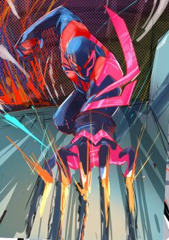 1boy arm_blade blue_bodysuit blue_mask bodysuit claw_mark claws commentary_request highres incoming_attack kemurigi_ill male_focus marvel mature_male miguel_o&#039;hara multicolored_bodysuit muscular muscular_male red_bodysuit red_mask skin_tight solo spider-man:_across_the_spider-verse spider-man_(2099) spider-man_(series) spider-verse superhero_costume two-tone_bodysuit two-tone_mask weapon
