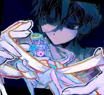 2boys angel_wings antenna_hair bandaged_head bandages basil_(headspace)_(omori) basil_(omori) black_eyes black_hair closed_mouth double-parted_bangs expressionless flower_wreath green_eyes green_hair hair_between_eyes halo head_wreath hinshi_hp0 hospital_gown looking_at_another male_focus multiple_boys omori open_mouth short_hair sidelocks spoilers sunny_(omori) sweatdrop wings