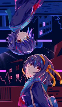 2girls absurdres bag black_cardigan blue_sailor_collar blush brown_eyes brown_hair building cardigan closed_mouth commentary english_commentary evanhehehe from_side glasses hair_ribbon hairband highres kita_high_school_uniform long_sleeves looking_at_viewer medium_hair multiple_girls nagato_yuki night orange_hairband orange_ribbon purple_hair red_ribbon ribbon rotational_symmetry sailor_collar school_bag school_uniform short_hair shoulder_bag sky star_(sky) suzumiya_haruhi suzumiya_haruhi_no_shoushitsu suzumiya_haruhi_no_yuuutsu upside-down