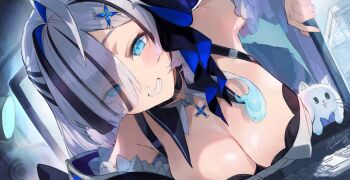 1girl blue_eyes bow bowtie breasts cleavage computer_keyboard eyes_visible_through_hair ghost hair_ornament hairclip highres large_breasts looking_at_viewer monitor multicolored_hair original smile static teeth through_medium through_screen tomochi_(tmc_tmc8) white_hair