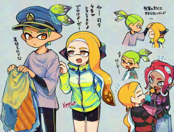 1boy 2girls agent_3_(splatoon) agent_4_(splatoon) agent_8_(splatoon) arm_behind_back artist_name behind-the-head_headphones bike_shorts black_leggings black_shorts blue_hat brown_eyes captain_3_(splatoon) clothes_grab commentary_request dark-skinned_female dark_skin fangs green_hair green_jacket grey_background grey_eyes grey_shirt hair_through_headwear hat headpat headphones holding holding_unworn_clothes inkling jacket layered_sleeves leggings long_hair long_sleeves looking_at_another medium_hair multiple_girls multiple_views nintendo octoling open_mouth orange_eyes orange_hair parted_bangs patchwork_clothes peaked_cap pointy_ears red_hair shirt short_over_long_sleeves short_sleeves shorts sleeve_grab smile splatoon_(series) tentacle_hair topknot translation_request yonaga_story