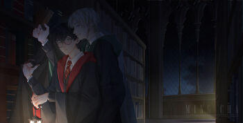 2boys black_hair black_robe blonde_hair blue_eyes book bookshelf collar draco_malfoy glasses green_eyes gryffindor harry_potter harry_potter_(series) height_difference hogwarts_school_uniform holding hood invisibility_cloak lantern library light_smile long_sleeves looking_at_another male_focus ming_cha multiple_boys necktie night parted_bangs parted_lips robe school_uniform shirt short_hair sky slytherin striped_necktie teeth upper_body white_shirt window wing_collar wizarding_world