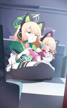 1boy 2girls animal_ear_headphones animal_ears black_shorts black_thighhighs blonde_hair blue_archive blue_necktie blunt_bangs blush bow cat_ear_headphones cat_ears cat_tail checkered_floor chromatic_aberration closed_eyes commentary_request controller doodle_sensei_(blue_archive) fake_animal_ears fake_tail game_controller green_bow green_eyes green_halo green_jacket h14_drawing hair_bow halo headphones highres holding holding_controller holding_game_controller hood hood_down hooded_jacket hug indoors jacket jitome low-tied_sidelocks medium_hair midori_(blue_archive) momoi_(blue_archive) multicolored_jacket multiple_girls necktie o3o off_shoulder on_floor open_mouth parted_bangs pink_halo pink_jacket pout red_bow sensei_(blue_archive) shirt shorts siblings sidelocks sisters sitting tail teeth thighhighs third_wheel twins upper_teeth_only white_jacket white_shirt