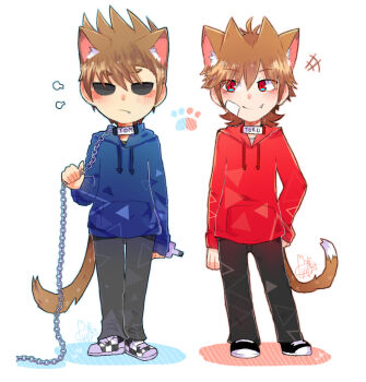 2boys alcohol animal_ears animification bandage_on_face bandages black_pants black_shoes blue_hoodie blush bottle brown_hair cat_boy cat_ears cat_tail chain chain_leash checkered_shoes collar commentary eddsworld english_commentary extra_ears fang full_body hair_ears hand_on_own_hip holding holding_bottle hollow_eyes hood hood_down hoodie jitome kemonomimi_mode leash male_focus molechan multiple_boys pants red_eyes red_hoodie shoes short_hair signature simple_background smile smug sneakers spiked_hair standing tail tom_(eddsworld) tord_(eddsworld) white_background