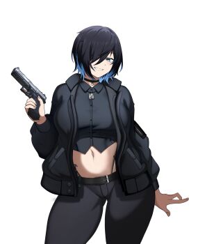 Rule 34 | 1girl, belt, black belt, black choker, black hair, black jacket, black pants, black shirt, blue eyes, blue hair, breasts, cero (last2stage), choker, collared shirt, commentary, commission, crop top, dog tags, english commentary, eyelashes, fingernails, glock, gun, hair over one eye, handgun, highres, holding, holding gun, holding weapon, jacket, large breasts, long sleeves, midriff, multicolored hair, navel, open clothes, open jacket, original, pants, shirt, short hair, simple background, smile, solo, strike industries strike100, two-tone hair, weapon, white background