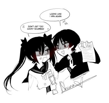 1boy 1girl alternate_costume alternate_universe anger_vein asymmetrical_bangs blunt_bangs blunt_ends bow buttons clenched_hand competition contemporary double-breasted english_text gakuran genshin_impact greyscale hair_between_eyes hair_bow hand_on_another&#039;s_chest high_grade highres holding holding_paper long_hair long_sleeves looking_at_another mona_(genshin_impact) monochrome open_hand open_mouth oriana0w0 paper parted_bangs sailor_collar scaramouche_(genshin_impact) school_uniform serafuku shaded_face speech_bubble teasing test_score triangle_mouth twintails white_background wispy_bangs