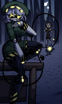 android double_thumbs_up emzaro02 green_shirt green_shorts grey_tongue highres humanoid_robot jacket mechanical_arms mechanical_head mechanical_legs murder_drones n_(murder_drones) robot robot_girl screen shirt short-sleeved_jacket short_sleeves shorts thumbs_up tongue tongue_out v_(murder_drones)