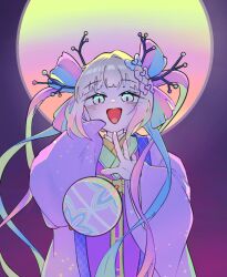 Rule 34 | 1girl, :d, ball, blonde hair, blue bow, blue eyes, blue hair, blunt bangs, bow, chinese commentary, chouzetsusaikawa tenshi-chan, commentary request, full moon, gekkou chou, hair bow, hair rings, hands up, highres, japanese clothes, kimono, long hair, long sleeves, looking at viewer, mi yu fan riceover, moon, multicolored hair, multiple hair bows, needy girl overdose, official alternate costume, open mouth, pink bow, pink hair, purple bow, purple kimono, sleeves past fingers, sleeves past wrists, smile, solo, temari ball, upper body, very long hair, wide sleeves