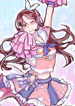 1girl absurdres arm_up blue_background blue_neckerchief blue_skirt boots bow bow_hairband breasts cheering cheerleader commentary_request cowboy_shot hair_bow hairband highres lace-up_boots leg_up long_hair love_live! love_live!_school_idol_festival love_live!_sunshine!! medium_breasts midriff miniskirt navel neckerchief pink_boots pink_shirt pink_skirt pleated_skirt pom_pom_(cheerleading) red_hair sailor_collar sailor_shirt sakurauchi_riko shirt shirt_overhang short_sleeves signature skirt solo takaramonozu two-tone_skirt white_bow white_hairband white_sailor_collar yellow_eyes zokuro_1018